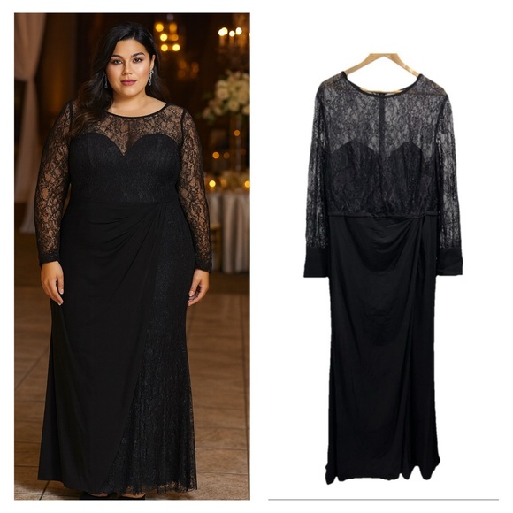 MAC DUGGAL 67143 Gown 18W Black Maxi Dress Lace Long Sleeve Formal Wedding NWT - Picture 1 of 15